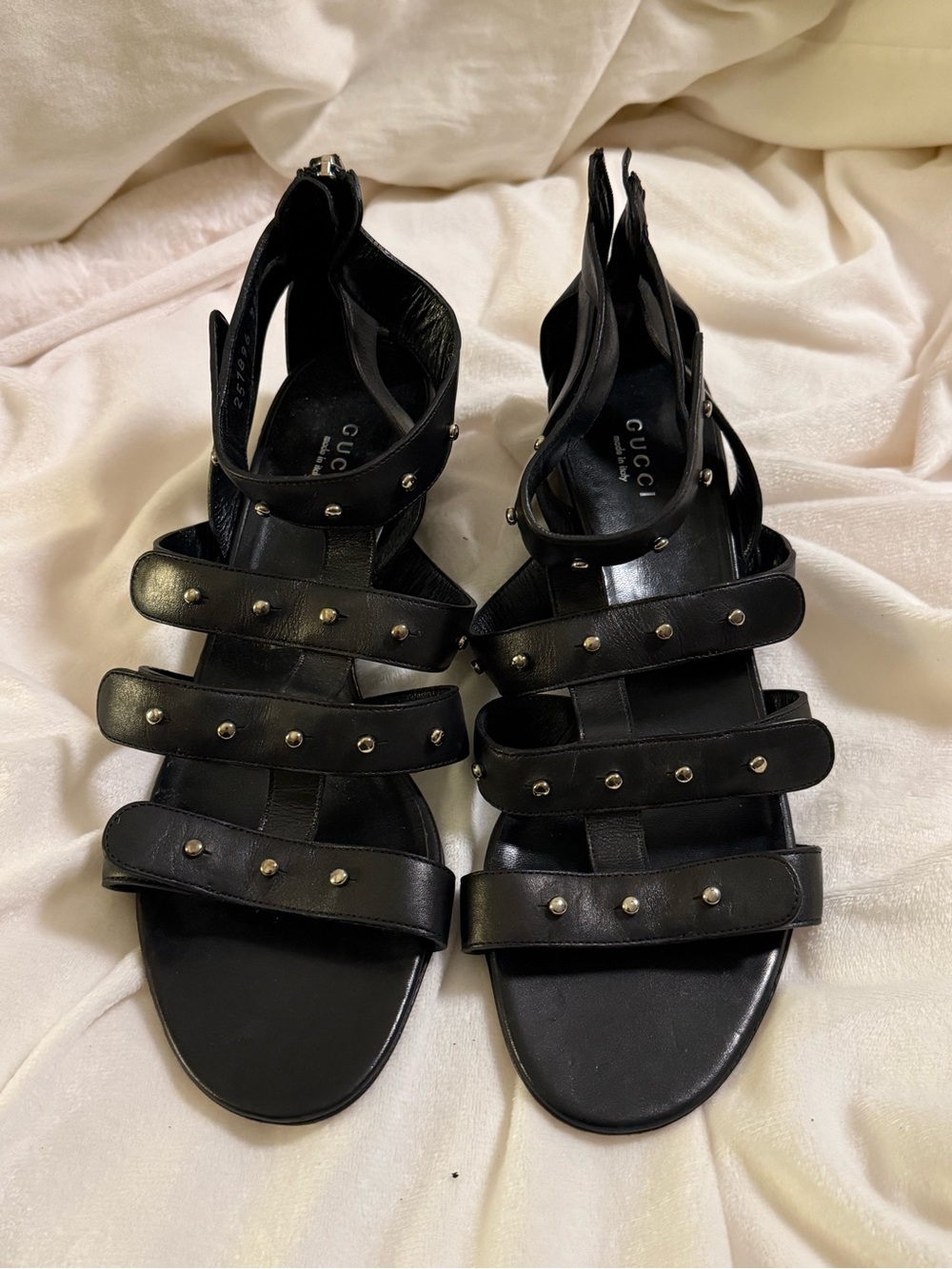 Gucci Black Studded Multi-Strap Leather Wedge Sandals 257896
